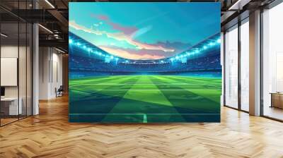 Vector illustration of a flat background, a modern football stadium with lights and a green grass field, a blue sky, in the style of cartoon with thick lines. Generative AI. Wall mural