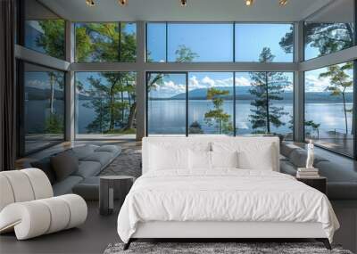 Very nice interior design of a living room with large windows overlooking the lake. Generative AI. Wall mural