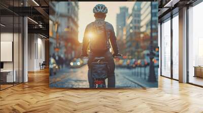 View from the rear of an electric bicycle of a businessman traveling to work in the city. Generative AI. Wall mural