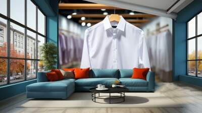 White men shirt hanging on hangers. Wall mural