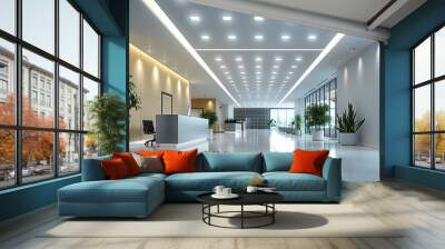 White square LED down lights are installed in an office interior showcasing the modern design and lighting, featuring suspended white square tiles on high ceilings. Generative AI. Wall mural