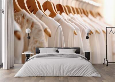 White women clothes on hangers on rack in clothing store at department store. Wall mural