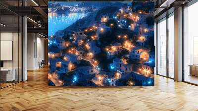 Wide angle view of a magical city that is built on top of a hill, white houses illuminated with blue magic, nighttime. Generative AI. Wall mural