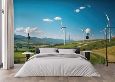 Wind turbines and agriculture field, Production of renewable green energy. Wall mural