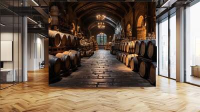 Wine barrels in wine vaults, Wine or whiskey barrels, French wooden barrels. Wall mural