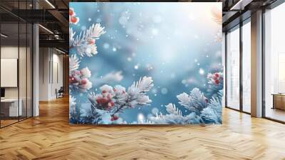 Winter tree holiday snow background. Beautiful Christmas border art design, Bright color. Generative AI. Wall mural