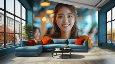 Woman, A diverse team of young Asian professionals celebrating a new hire in an office, relaxed and informal setting, a mix of business casual and formal attire. Generative AI. Wall mural