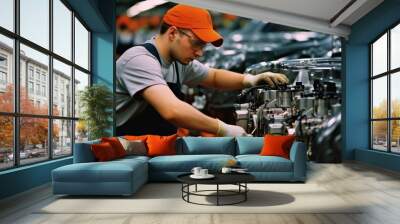 Worker attaches components to an auto engine at factory production line. Wall mural