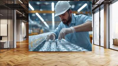 Worker sorting defective products during production, factory and production line. Generative AI. Wall mural