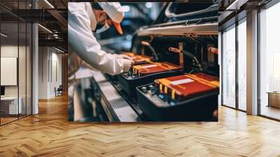 Worker with security clothes and gloves is testing a battery from an electric car in a modern factory. Wall mural