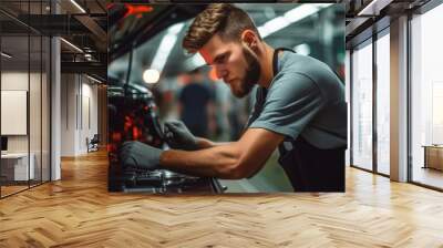 Worker working in auto factory production line. Wall mural