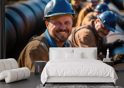 Workers with protective helmets and smiling while working on new pipeline at construction site. Wall mural