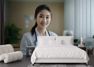 Young beautiful doctor woman are working in hospital, Sitting on table, Asian medical concept Wall mural