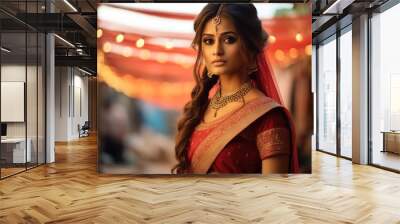 Young Beautiful Indian bride wearing red traditional saree. Wall mural