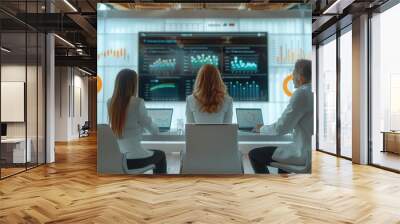 Young Business team in formal suit meeting to discuss strategy in modern conference room with large monitor showing graphs Diagram of marketing results. Generative AI. Wall mural