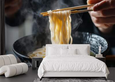 Close-Up of Person Holding Chopsticks with Udon Wall mural