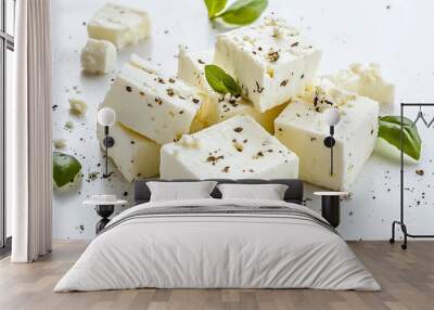 Pieces of tasty feta cheese on white background Wall mural