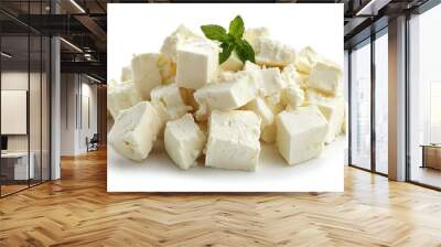 Pieces of tasty feta cheese on white background Wall mural