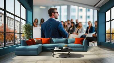 Confident businessman giving a presentation in front of crowd in meeting conference seminar room. Leadership authority teamwork in business concept Wall mural