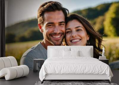 Romantic casual attire couple smiling and cuddling hugging on a sunny day background. Happy relationship love concept Wall mural