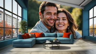 Romantic casual attire couple smiling and cuddling hugging on a sunny day background. Happy relationship love concept Wall mural