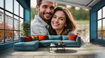 Romantic casual attire couple smiling and cuddling hugging on a sunny day background. Happy relationship love concept Wall mural