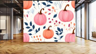 Charming autumn pattern with pumpkins and foliage, cozy mood, artistic design, beige background Wall mural