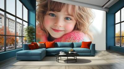 Curly-haired, smiling girl wearing a colorful sweater, close-up portrait, capturing her blue eyes in natural light, innocence of children concept Wall mural