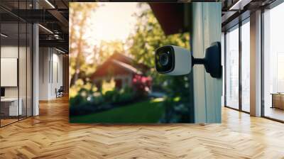 Outdoor security camera mounted on wall of house in lush green backyard, blurred garden in background, surveillance technology concept Wall mural