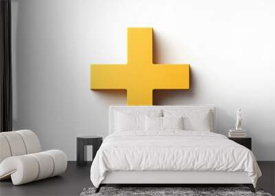 3D render of a yellow plus sign on a white background. Wall mural