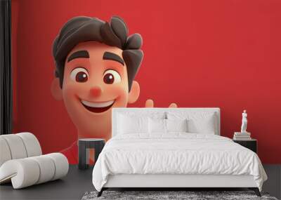 A 3D cartoon illustration of a man with black hair wearing a red shirt, smiling and giving a peace sign. Wall mural