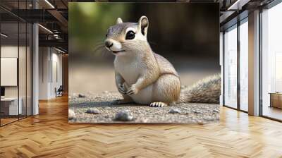 A curious squirrel sits on a rocky surface, looking up and to the left with a bushy tail. Wall mural