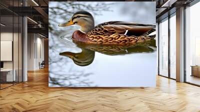 A mallard duck swims in calm water, its reflection visible in the still surface. Wall mural