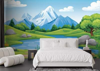 A scenic view of a lake in a mountain valley with a winding path leading to it. The sky is blue with white clouds and the mountains are snow-capped. Wall mural