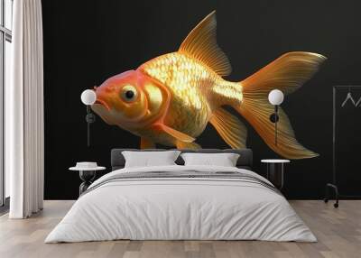 A single goldfish with orange and gold scales swims in a black background, isolated. Wall mural