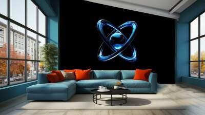 A stylized blue atom symbol on a black background. Wall mural