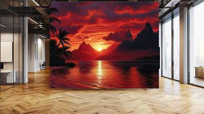 A vibrant sunset paints the sky with fiery hues as the sun dips behind a silhouette of majestic mountains and palm trees.  Wall mural