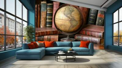 A vintage globe sits on a wooden surface surrounded by stacks of antique books. Wall mural