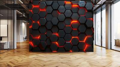 Abstract background with glowing hexagonal pattern in orange and black. Wall mural