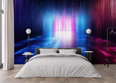 Abstract futuristic background with blue and pink glowing lines, illuminated floor, and dark background. Wall mural