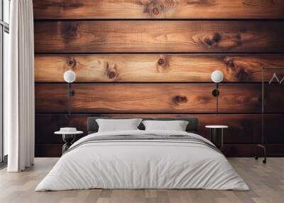 Close-up of a rustic wooden plank wall with knots and grain texture. Wall mural