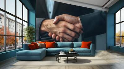 Close-up of two businessmen shaking hands, symbolizing agreement, partnership, and success. Wall mural