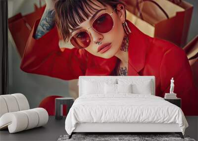 Close-up portrait of a stylish woman wearing red sunglasses and a red blazer, with a nose ring and tattoos. Wall mural