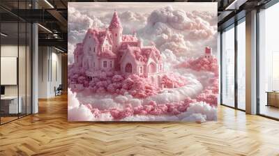 Enchanting pink castle nestled among fluffy clouds in a dreamy sky Wall mural