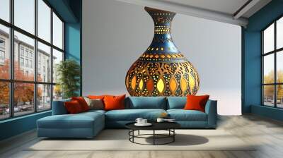 Intricate blue and gold ceramic vase with warm light shining through the decorative cutouts. Wall mural