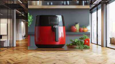 Red air fryer on a countertop with tomatoes and basil. Wall mural