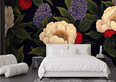 Seamless pattern of white peonies, red flowers, and purple lilac flowers on a black background. Wall mural