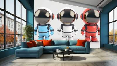 Three cartoon astronauts in blue, white and red spacesuits. Wall mural