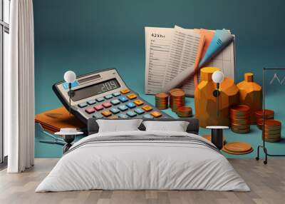 A 3D rendering featuring financial charts and a calculator in cartoon style, Wall mural