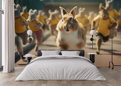 A rabbit in workout gear, leading a group of tiny animals in an energetic exercise routine Wall mural